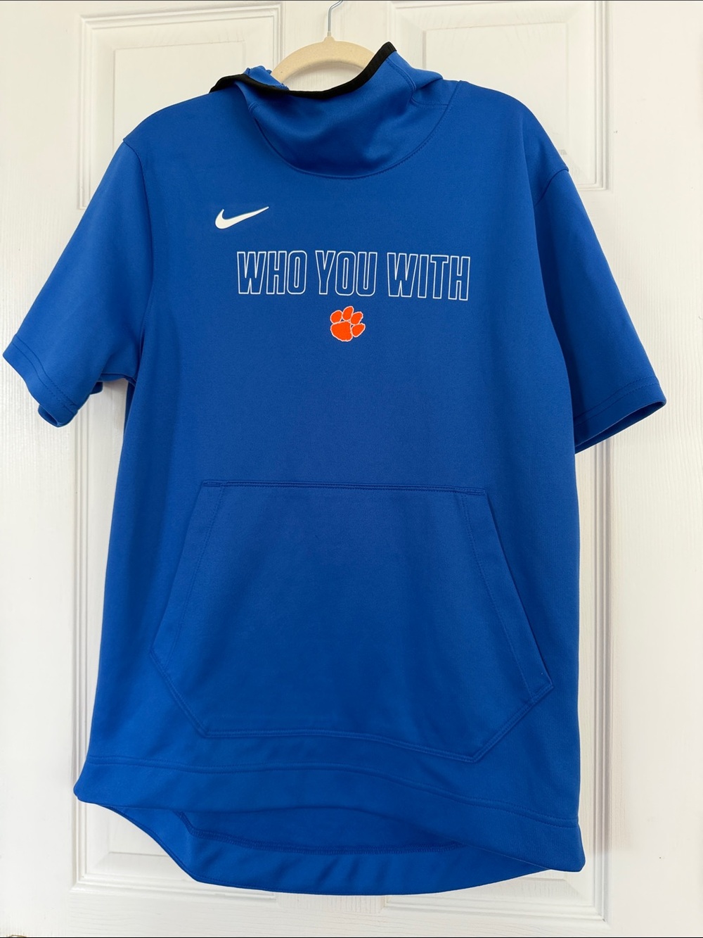 Nike Blue Short-Sleeve 'Who You With' Hoodie with Orange Paw